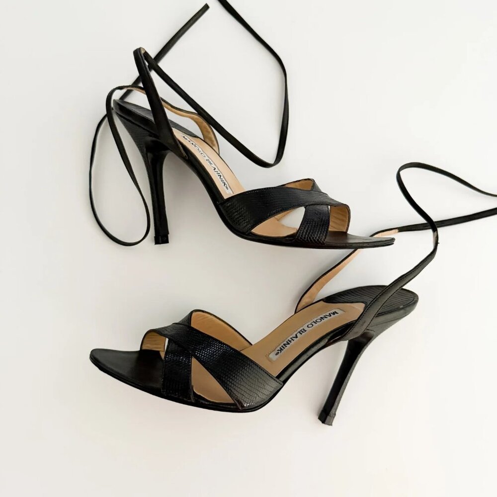 Manolo Blahnik Black Ankle Wrap Sandal Heels (IT 37)